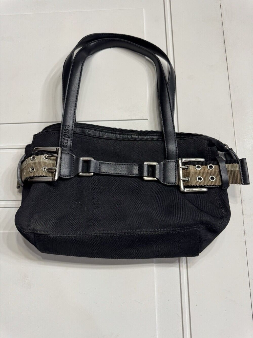 Carpisa Black Nylon Canvas Satchel Tote Side Strap Detail Purse